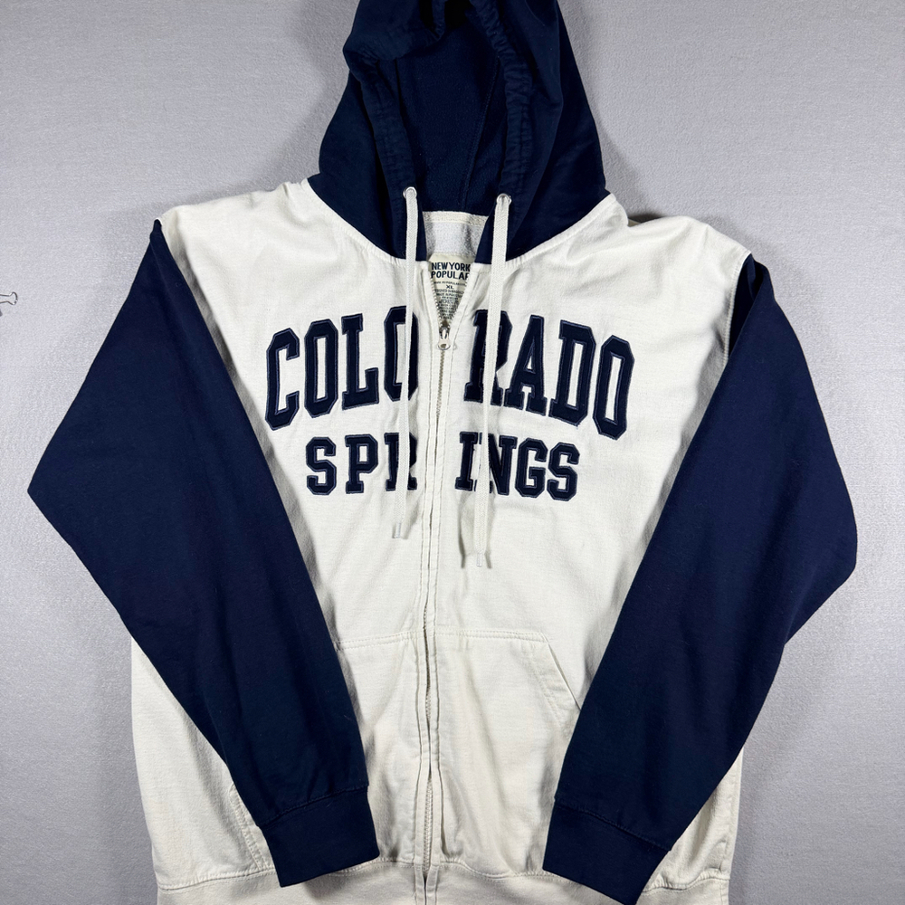 Colorado Springs Full Zip Hoodie Size XL Colorblock Navy Cream Graphic